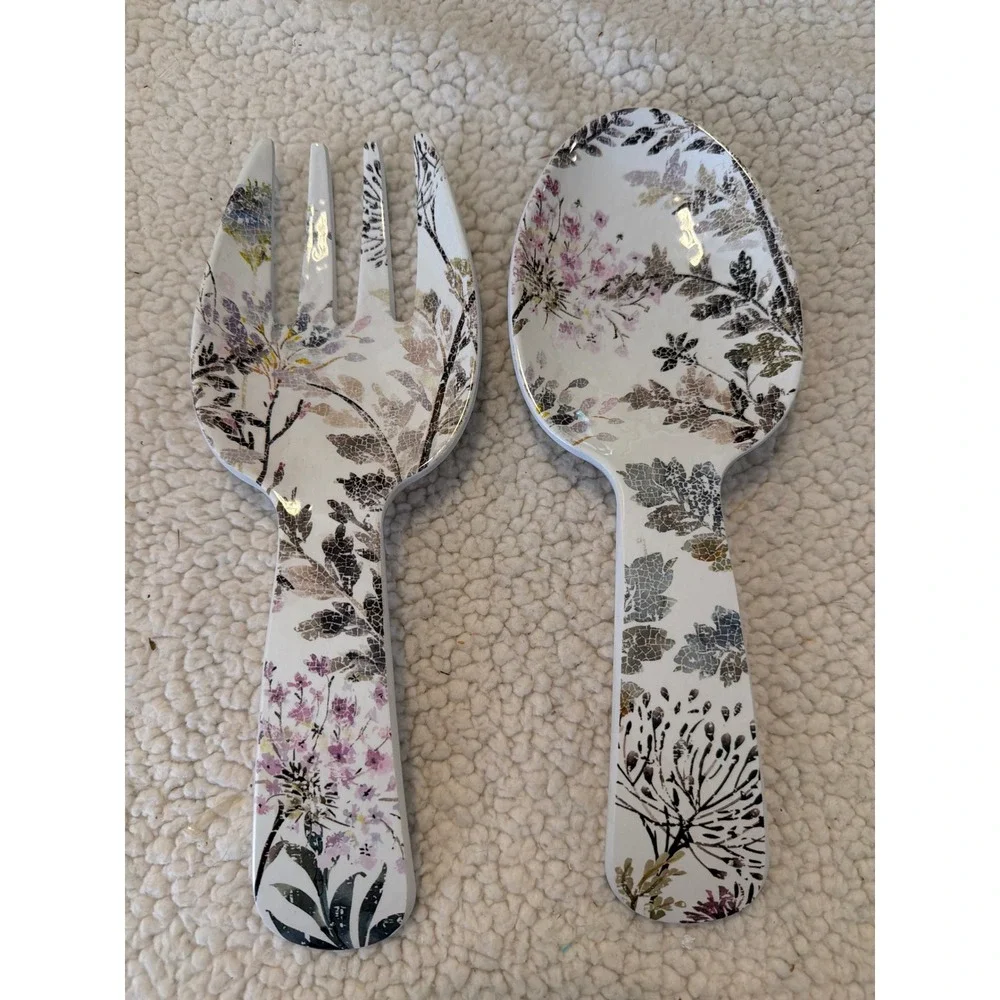 Floral Melamine Salad Server Set Wildflower Print Serving Fork and Spoon 11 in